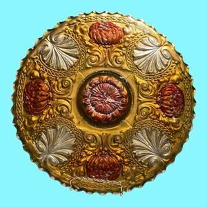 Antique EAPG Goofus Glass 11" Plate Gold Red Flowers Silver Acanthus Leaves